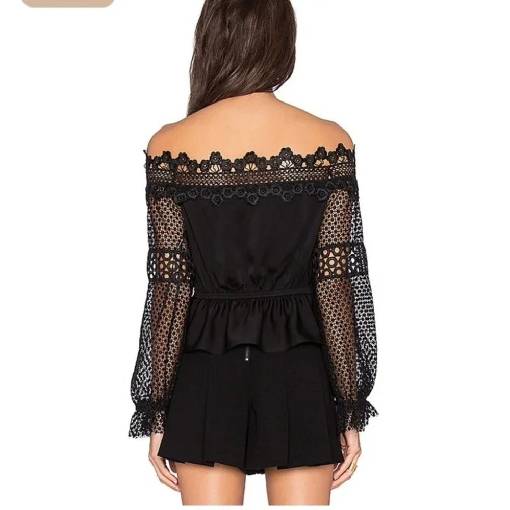 Self-Portrait Lace Off Shoulder Top in Black - Picture 2 of 7